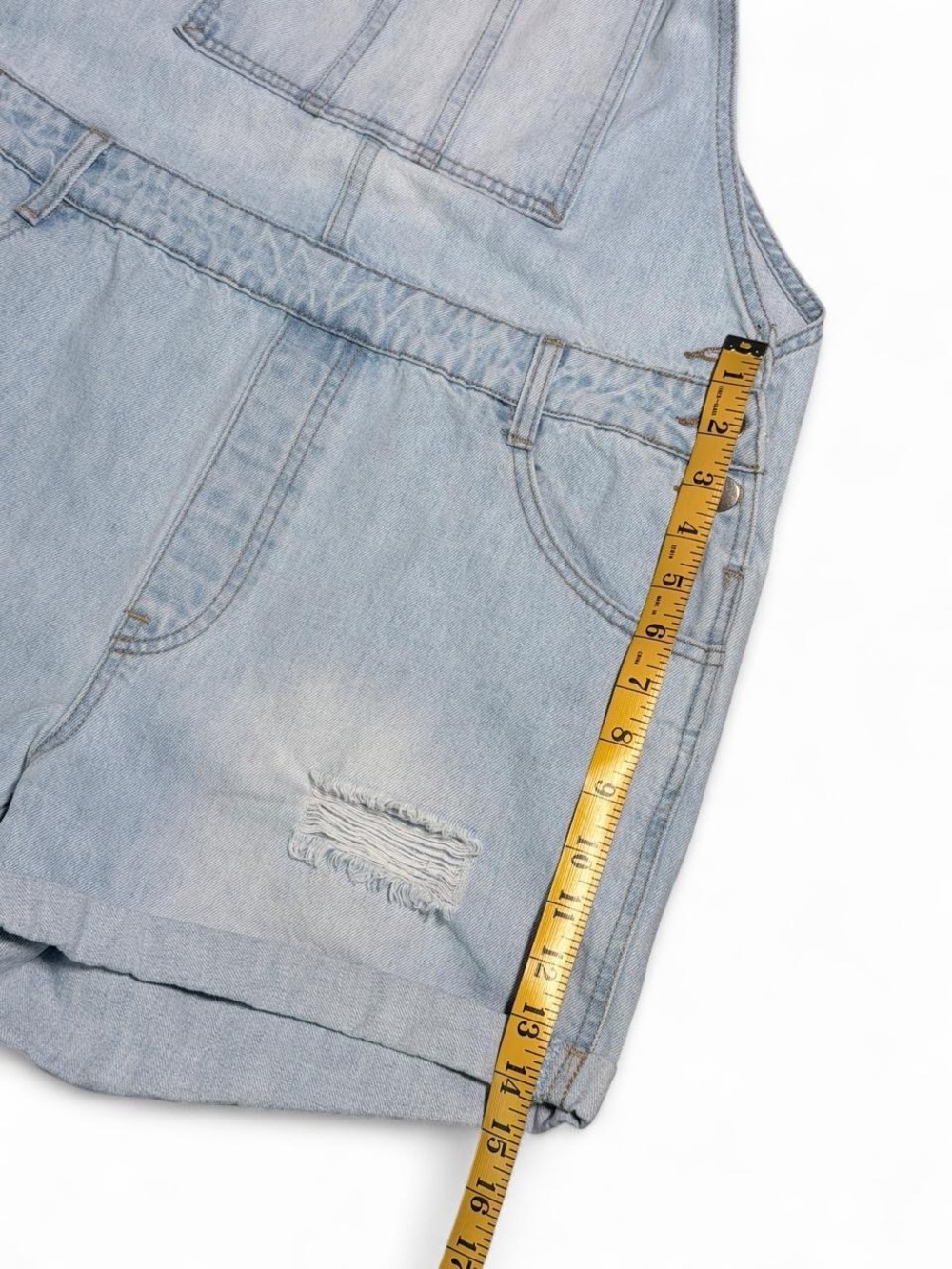 Women's Medium Easel Distressed Light Wash Denim Short Overalls Shortalls Boho - Picture 5 of 11
